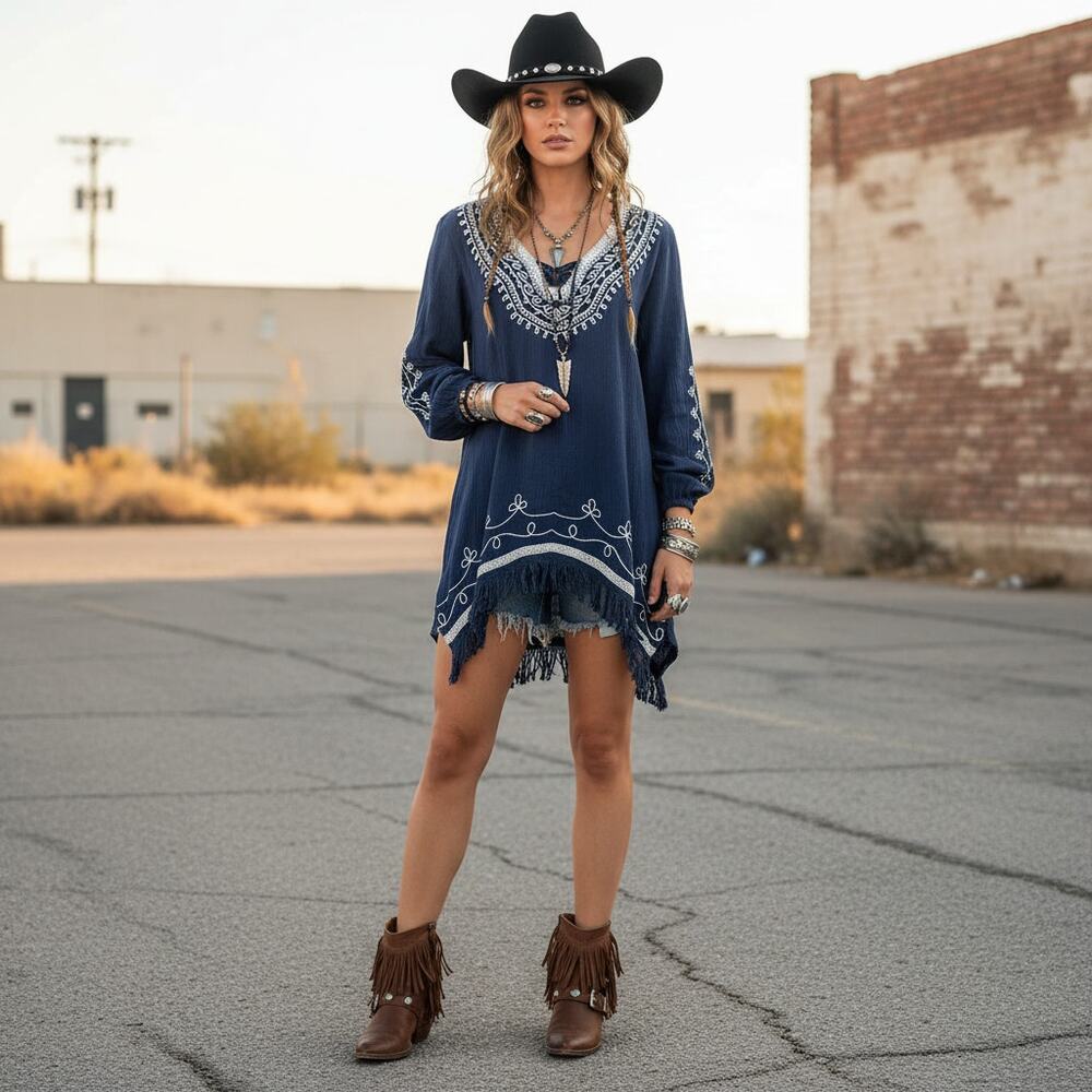 Embroidered Fringe Bottom 100% Cotton Tunic/Mini Dress — Size Large